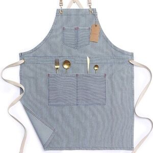 NWT Jeanerlor Blue Striped Denim Apron Cotton Canvas Straps Unisex Chef Gardner